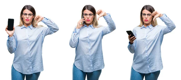 Collage Young Beautiful Business Woman Using Smartphone Isolated Background Angry — Stock Photo, Image