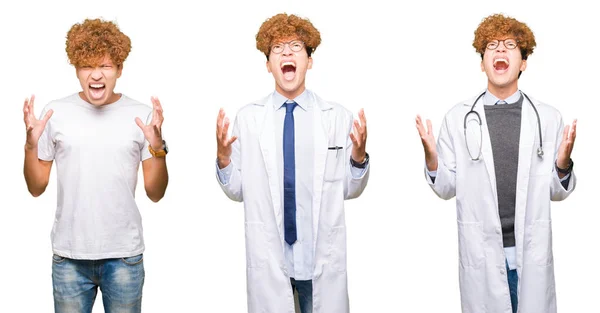 Collage Joven Doctor Vestido Con Abrigo Médico Sobre Fondo Blanco — Foto de Stock