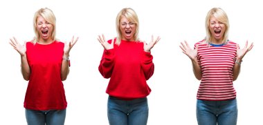 Izole arka plan üzerinde rahat kırmızı giyen güzel sarışın kadın kolaj kollarını kaldırdı ve kapalı gözleri heyecanlı çığlık ile başarı için deli ve deli kutluyor. Kazanan kavramı