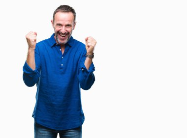 İzole arka plan kutlama üzerinde orta yaş ağarmış komuta sizde şaşırttı ve başarı için kaldırdı kollarını açarak hayret ve gözleri açık. Kazanan kavramı.