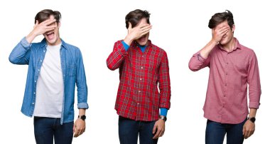 Beyaz izole arka plan üzerinde genç adam kolaj gülümseyen ve sürpriz için gözleri kapsayan yüzünde el ile gülüyor. Kör kavram.