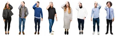 Collage of people over white isolated background surprised with hand on head for mistake, remember error. Forgot, bad memory concept. clipart
