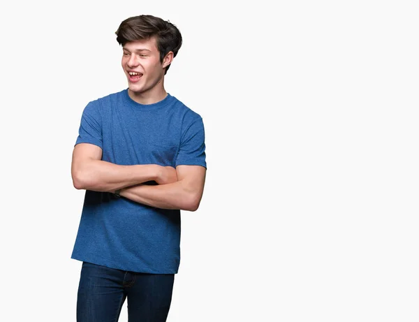 Homem Bonito Jovem Vestindo Camiseta Azul Sobre Fundo Isolado Rosto — Fotografia de Stock