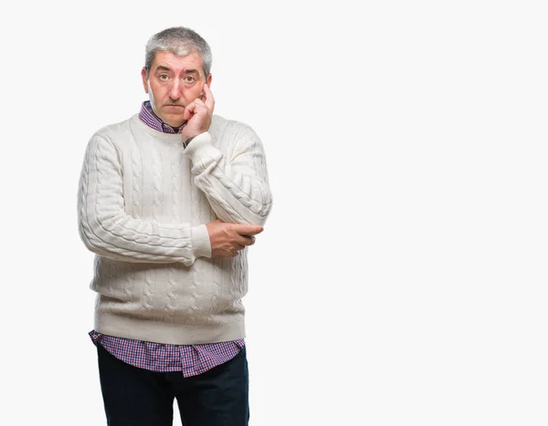 Bello Uomo Anziano Che Indossa Maglione Invernale Sfondo Isolato Pensando — Foto Stock