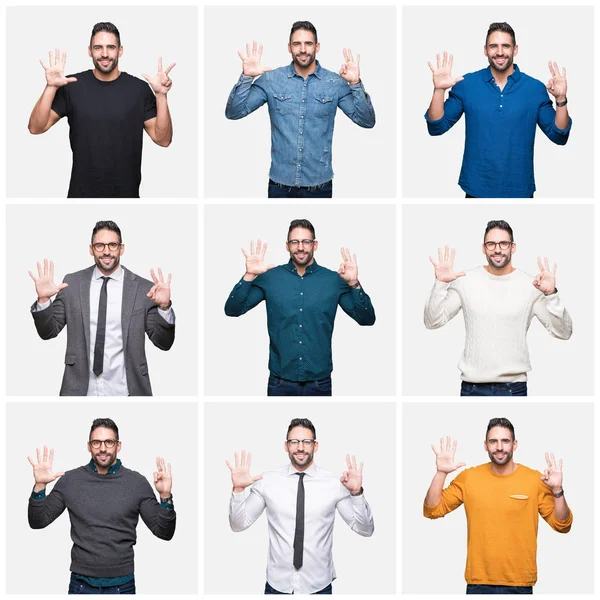 Colagem Homem Bonito Sobre Fundo Isolado Mostrando Apontando Para Cima — Fotografia de Stock