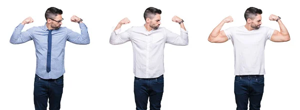 Коллаж Красивого Бизнесмена Белом Изолированном Фоне Показывающий Мышцы Рук Улыбающиеся — стоковое фото
