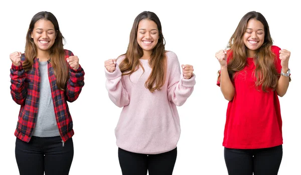 Collage Vackra Unga Kvinnan Över Isolerade Bakgrund Glada För Framgång — Stockfoto