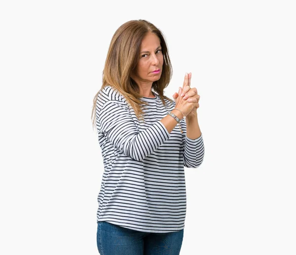 Schöne Frau Mittleren Alters Gestreiftem Pullover Über Isoliertem Hintergrund Mit — Stockfoto