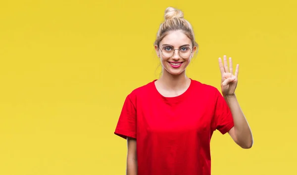 Ung Vacker Blond Kvinna Klädd Röd Shirt Och Glasögon Över — Stockfoto