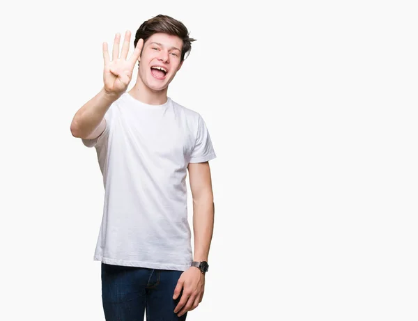 Jonge Knappe Man Dragen Casual Wit Shirt Geïsoleerde Achtergrond Weergeven — Stockfoto