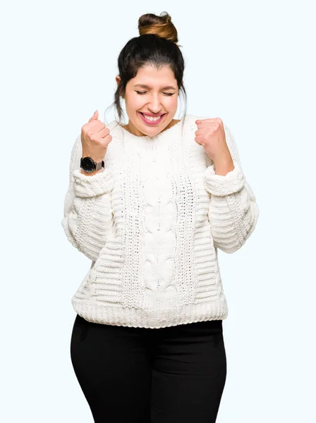 Young Beautiful Woman Wearing Winter Sweater Excited Success Arms Raised — Stock Photo, Image