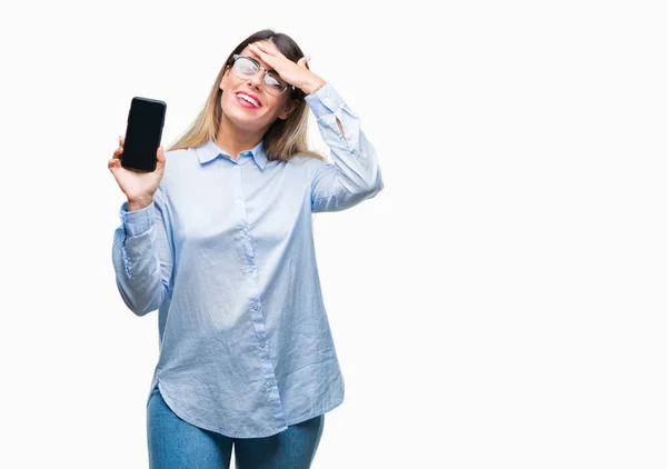Jonge Mooie Zakelijke Vrouw Weergegeven Leeg Scherm Van Smartphone Geïsoleerde — Stockfoto