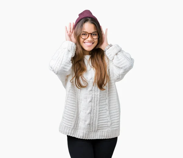 Young Beautiful Brunette Hipster Woman Wearing Glasses Winter Hat Isolated — Stock Photo, Image