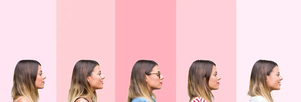 Collage Joven Hermosa Mujer Sobre Rayas Rosadas Fondo Aislado Mirando —  Fotos de Stock