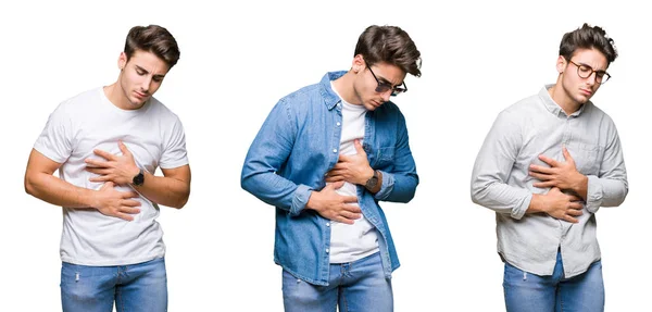 Collage Hombre Guapo Joven Sobre Fondo Aislado Con Mano Estómago —  Fotos de Stock