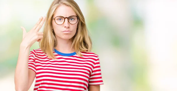Beautiful Young Woman Wearing Glasses Isolated Background Shooting Killing Oneself — Stock Photo, Image