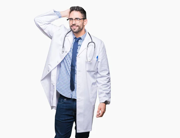 Schöner Junger Arzt Mann Über Isoliertem Hintergrund Lächelt Zuversichtlich Berühren — Stockfoto