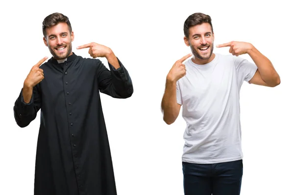 Collage Bel Giovane Sacerdote Cattolico Sfondo Isolato Sorridente Fiducioso Mostrando — Foto Stock