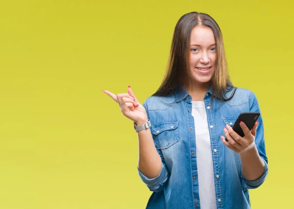 Jovem Bela Mulher Caucasiana Mensagem Enviando Mensagem Usando Smartphone Sobre — Fotografia de Stock