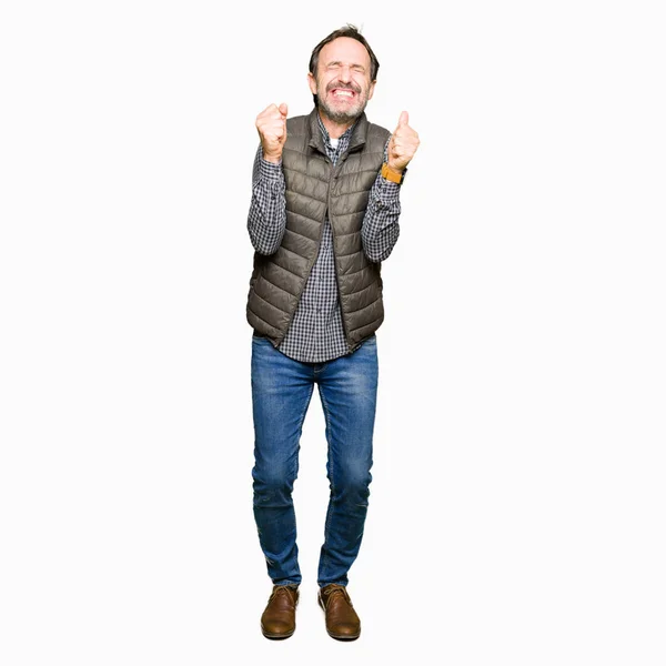 Middle Age Handsome Man Wearing Winter Vest Celebrating Mad Crazy — Stock Photo, Image