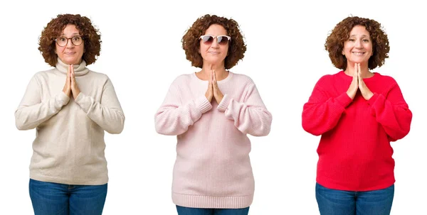 Collage Einer Seniorin Mittleren Alters Die Einen Winterpullover Über Weißem — Stockfoto