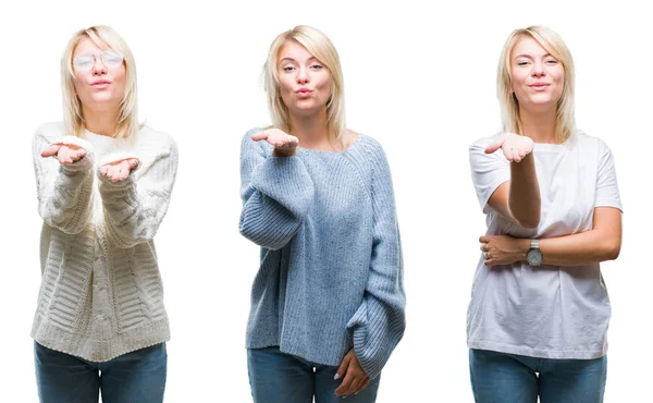 Collage Beautiful Blonde Woman Wearing Winter Sweater Isolated Background Looking — Stock Photo, Image