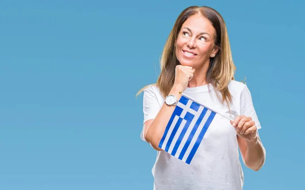 Middle Age Hispanic Woman Holding Flag Greece Isolated Background Serious — Stock Photo, Image