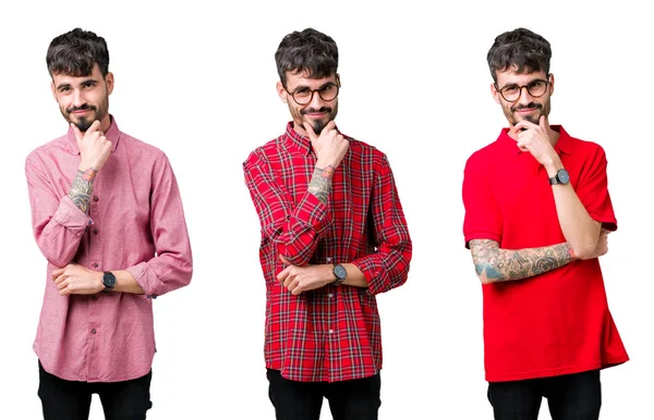 Collage Giovane Uomo Che Indossa Occhiali Sfondo Isolato Guardando Fiducioso — Foto Stock