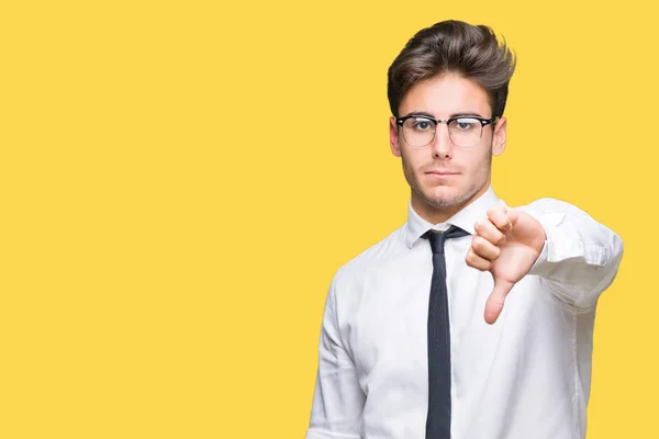 Fiatal Üzletember Szemüveg Látszó Boldogtalan Dühös Mutatja Elutasítása Hüvelykujját Lefelé — Stock Fotó