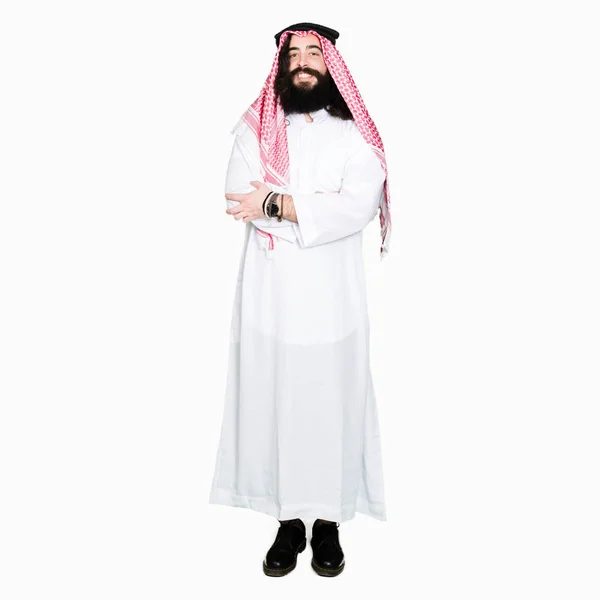 Arabian Biznes Człowiek Długich Włosów Noszenia Tradycyjnych Kefija Szalik Szczęśliwy — Zdjęcie stockowe