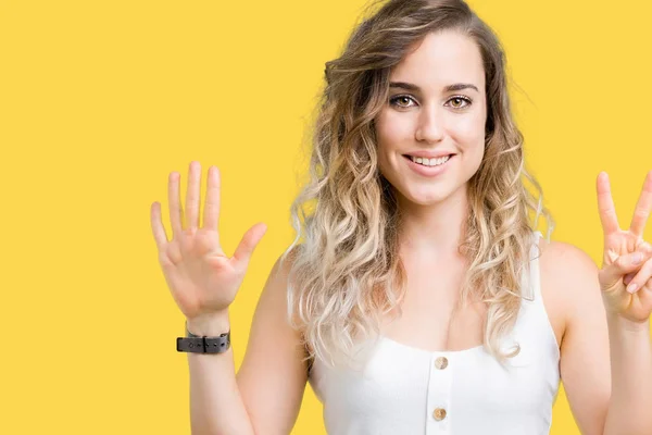 Молода Красива Блондинка Над Ізольованим Тлом Показуючи Вказуючи Пальцями Номер — стокове фото