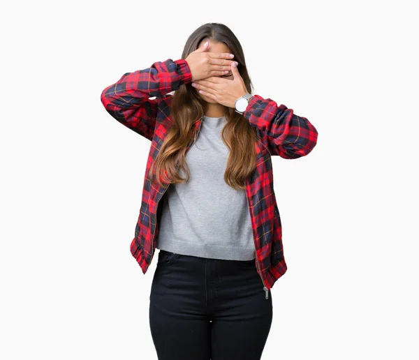 Young Beautiful Brunette Woman Wearing Jacket Glasses Isolated Background Covering — Stock Photo, Image