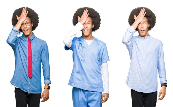 Collage Giovane Uomo Con Capelli Afro Sfondo Bianco Isolato Sorpreso — Foto Stock