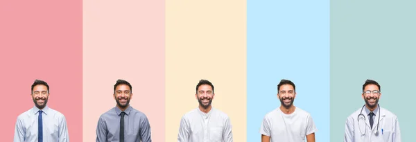 Colagem Homem Bonito Sobre Listras Coloridas Fundo Isolado Com Sorriso — Fotografia de Stock