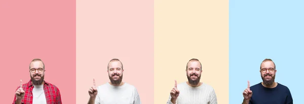 Collage Joven Con Barba Sobre Rayas Colores Fondo Aislado Mostrando —  Fotos de Stock