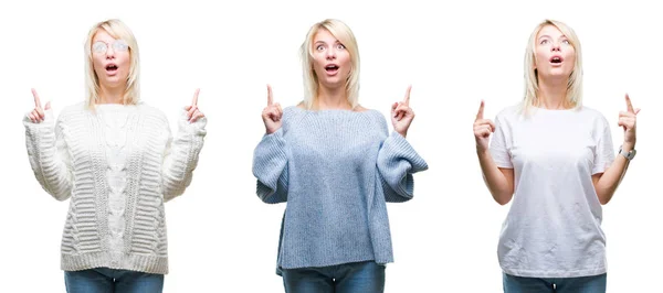 Collage Bella Donna Bionda Che Indossa Maglione Invernale Sfondo Isolato — Foto Stock