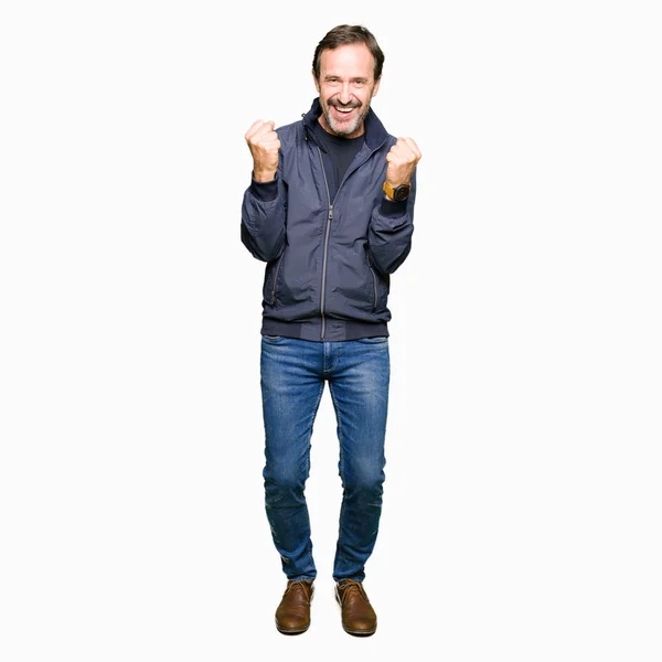 Middle Age Handsome Man Wearing Jacket Celebrating Surprised Amazed Success — Stock Photo, Image