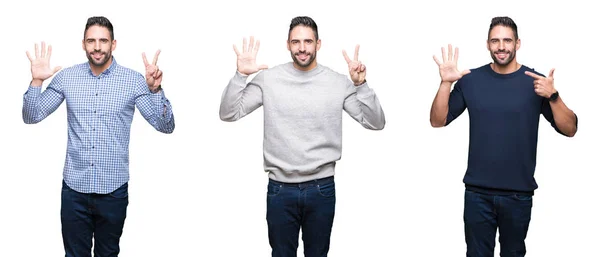 Colagem Homem Negócios Bonito Sobre Fundo Isolado Branco Mostrando Apontando — Fotografia de Stock