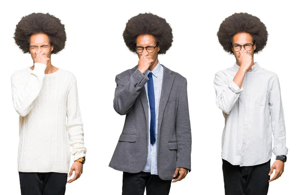 Colagem Jovem Com Cabelo Afro Sobre Fundo Isolado Branco Cheirando — Fotografia de Stock