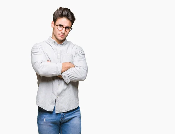 Homem Bonito Jovem Usando Óculos Sobre Fundo Isolado Cético Nervoso — Fotografia de Stock