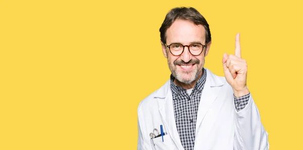 Middle Age Doctor Men Wearing Medical Coat Pointing Finger Successful — Stock Photo, Image