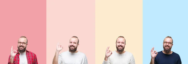 Colagem Jovem Com Barba Sobre Listras Coloridas Fundo Isolado Sorrindo — Fotografia de Stock