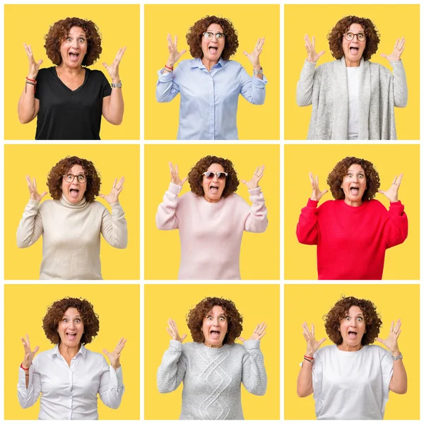 Collage Mezza Età Donna Anziana Sfondo Giallo Isolato Che Celebra — Foto Stock