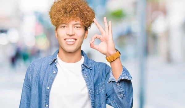 Young Handsome Man Afro Hair Wearing Denim Jacket Smiling Positive — Stock Photo, Image