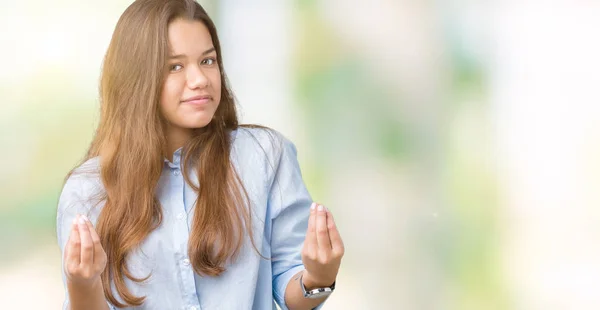 Młody Biznes Brunetka Piękna Kobieta Białym Tle Pieniądze Robi Gest — Zdjęcie stockowe