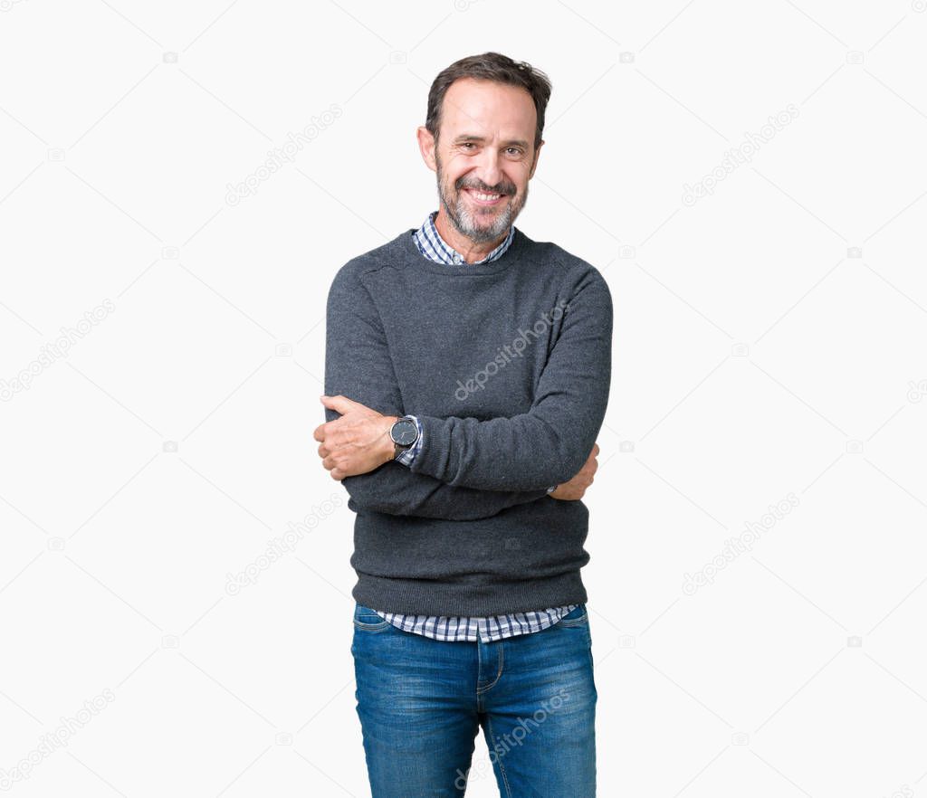 Handsome middle age senior man wearing a sweater over isolated background happy face smiling with crossed arms looking at the camera. Positive person.