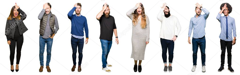 Collage of people over white isolated background surprised with hand on head for mistake, remember error. Forgot, bad memory concept.