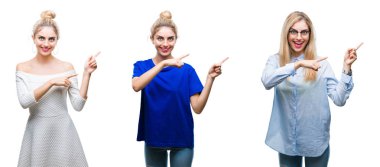 Genç güzel sarışın kadın gülümseyerek ve iki elleri ve parmakları ile tarafına işaret kamera bakarak izole arka plan üzerine kolaj.