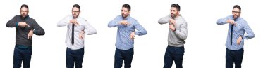 Beyaz izole arka plan üzerinde yakışıklı iş adamı kolaj acele izleme zamanı, sabırsızlık, üzgün ve son gecikme için öfkeli işaret