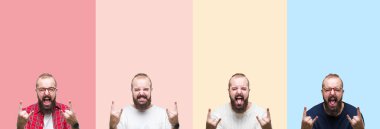 Renkli çizgili üzerinde sakallı genç adamın kolajı izole arka plan elleri ile rock sembolü yapıyor deli ifade ile bağırarak. Müzik yıldızı. Ağır konsept.